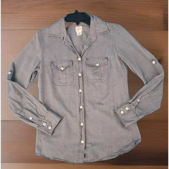 J. Crew Xs Button Front Shirt Chambray Lightweight Cotton Roll Tab Sleeve Blue - Picture 2 of 10